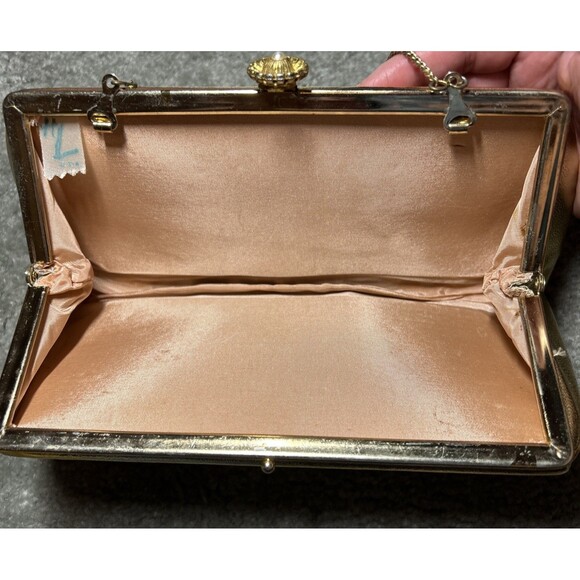 Vintage Gold Metallic Clutch Purse Evening Bag Chain Strap Satin Lined 50’s 60’s - Picture 9 of 16